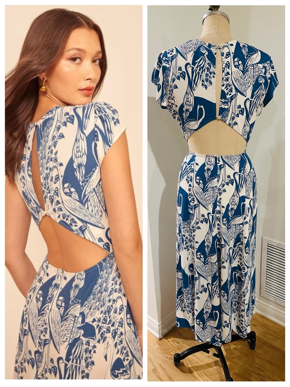 REFORMATION Gavin Open Back Midi Dress w/ Slit in Avian Blue & Cream, Size 8 - Picture 3 of 7